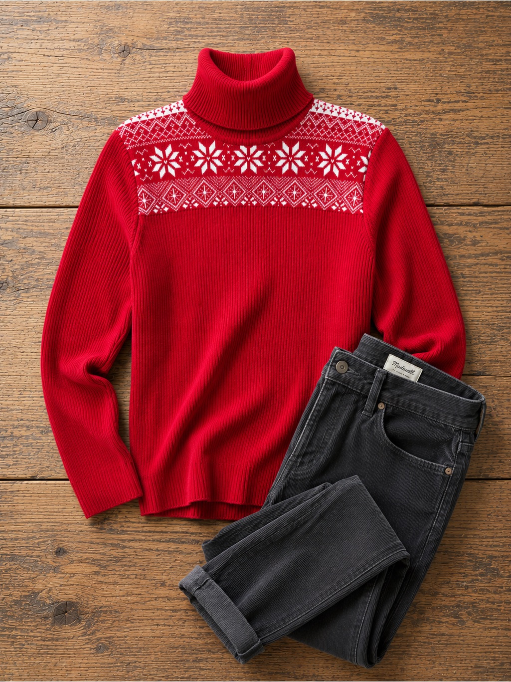 Vintage Ribbed Fair Isle Snowflake Turtleneck Sweater Red - Xl